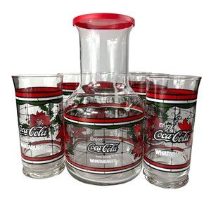 Vintage Set of 6 Christmas Poinsettia Whataburger Glasses with Matching Carafe